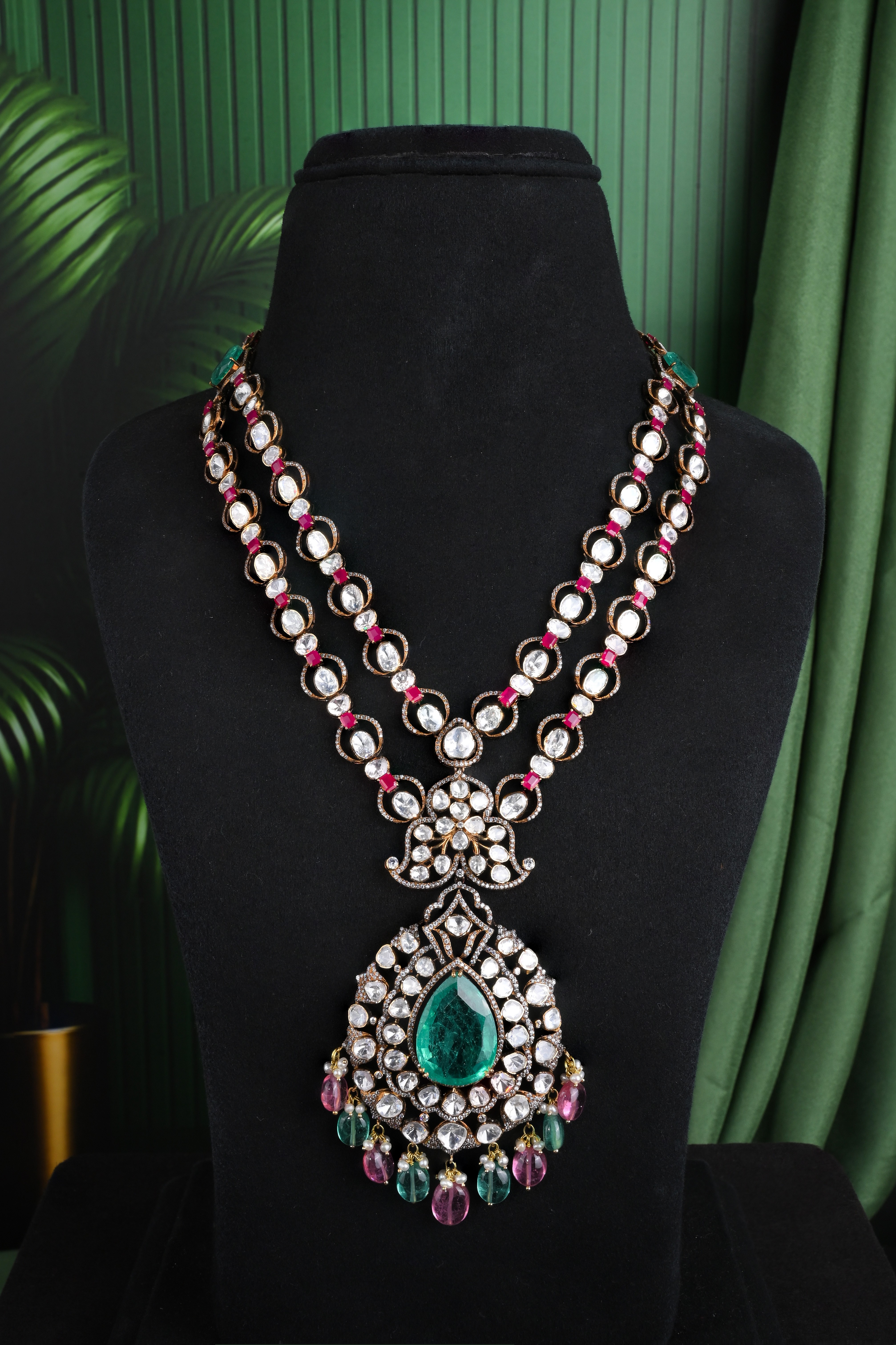 Brinda Gold and Diamonds - Ruby Emerald Victorian Drop Necklace